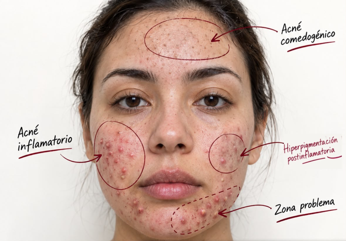 Fotografía clínica de un rostro con los tipos de acné señalados: comedogénico en la frente, inflamatorio en la mejilla, hiperpigmentación y zona de la mandíbula