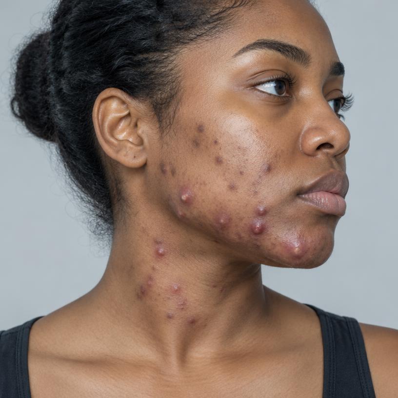 Fotografía clínica de otro caso de acné: brotes inflamados en la mandíbula, el mentón y el cuello, con marcas oscuras en la mejilla